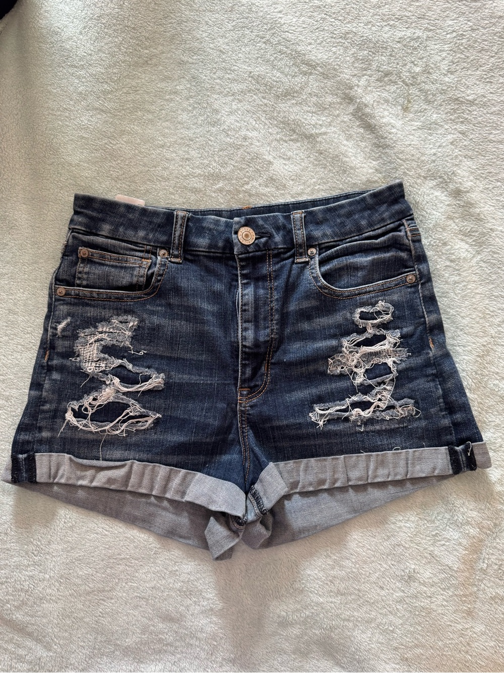 Women’s American Eagle Curvy Hi-Rise Shortie Distressed Denim Shorts Size 8